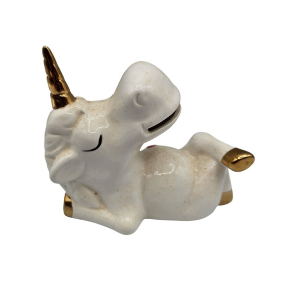 Vintage 1990s Aldon Porcelain Unicorn Figurine Gold Cream Cartoon Face Joan Berg - Picture 1 of 6